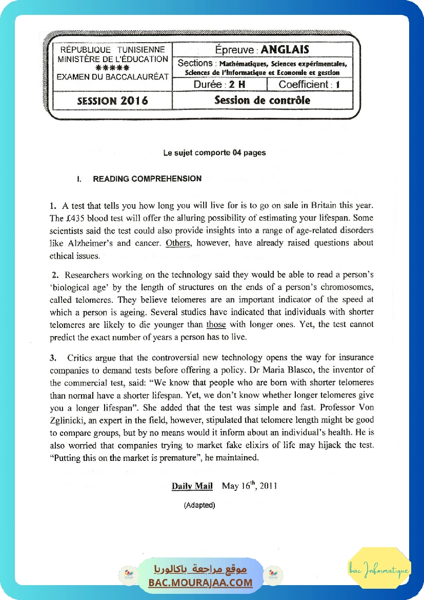 Sujet controle anglais Bac 2016 – Section info